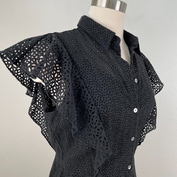 Theory Womens Size 10 Black Nova Ruffled Button Front Eyelet Mini Dress - Picture 5 of 11